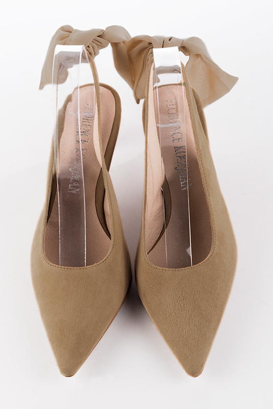 Tan beige women's slingback shoes. Pointed toe. Medium slim heel. Top view - Florence KOOIJMAN